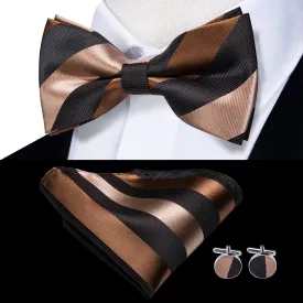 Hi-Tie Black Brown Stripe Men Tie Pre-tied Bow Tie Hanky Cufflinks Set