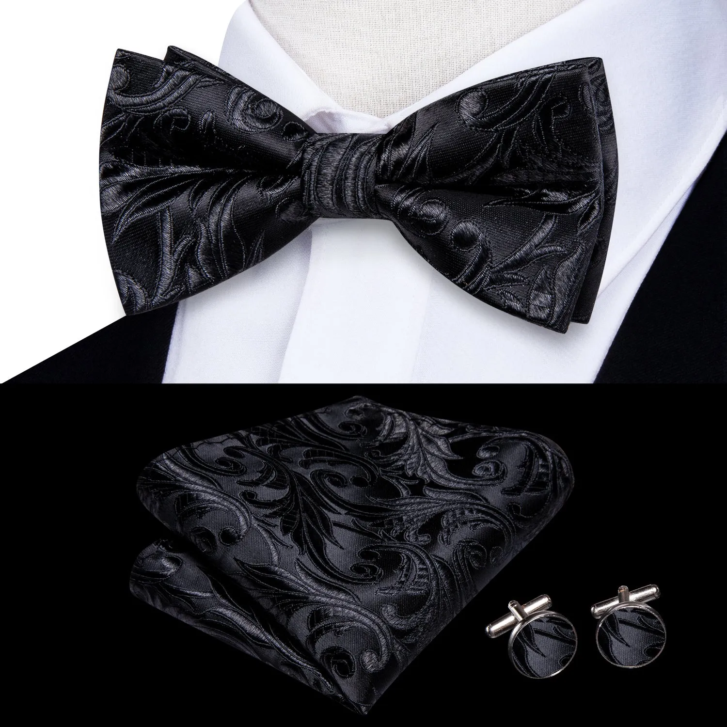 Hi-Tie Black Floral Children Kids Bow Tie Pocket Square Cufflinks Set
