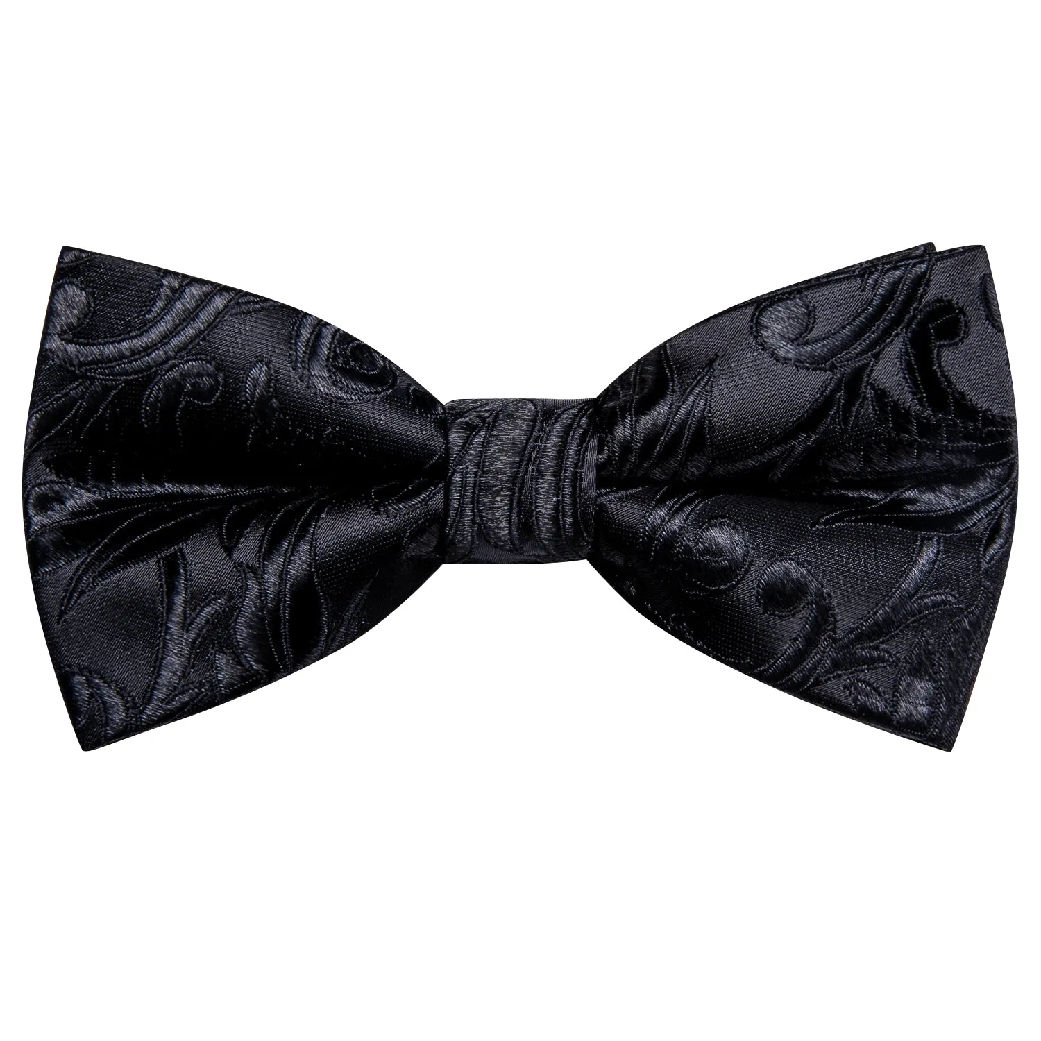 Hi-Tie Black Floral Children Kids Bow Tie Pocket Square Cufflinks Set