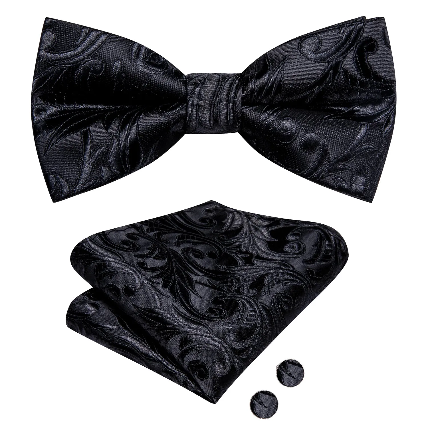 Hi-Tie Black Floral Children Kids Bow Tie Pocket Square Cufflinks Set