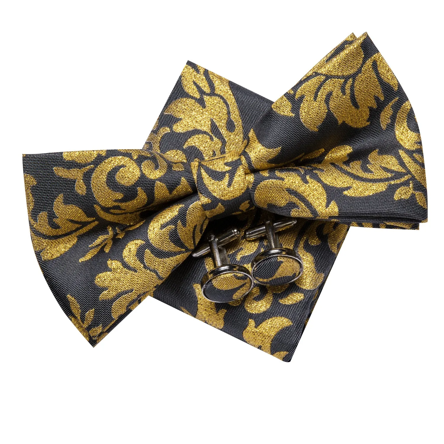 Hi-Tie Black Gold Floral Pre-tied Mens Bow Tie Hanky Cufflinks Pin Set