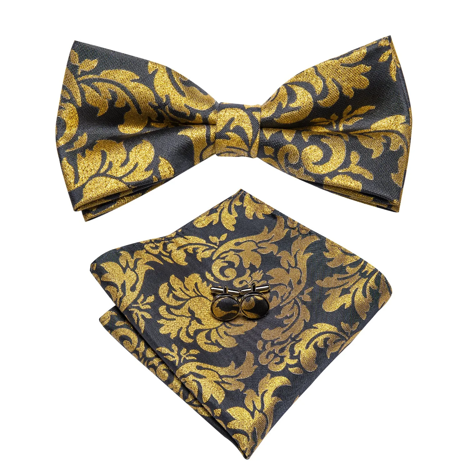 Hi-Tie Black Gold Floral Pre-tied Mens Bow Tie Hanky Cufflinks Pin Set