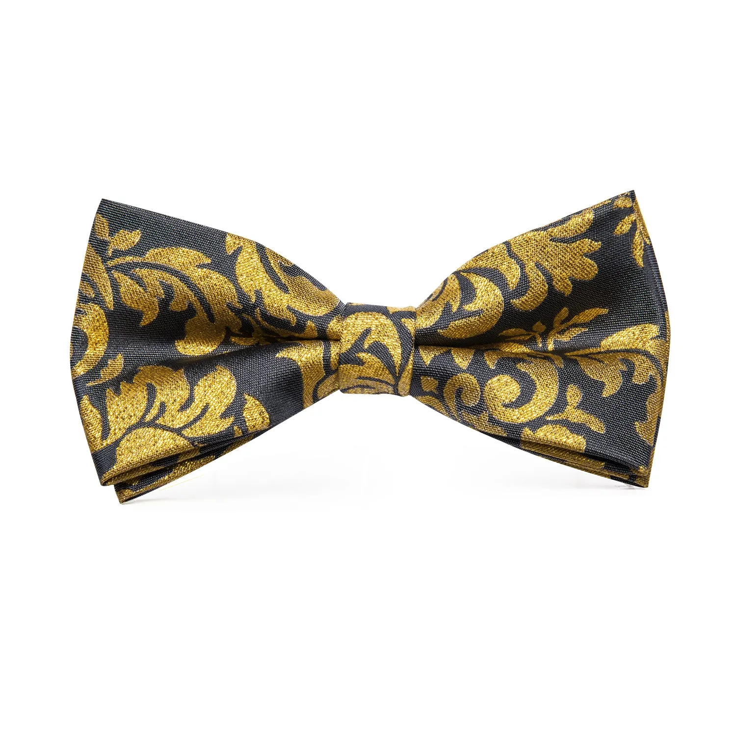 Hi-Tie Black Gold Floral Pre-tied Mens Bow Tie Hanky Cufflinks Pin Set