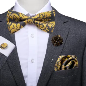 Hi-Tie Black Gold Floral Pre-tied Mens Bow Tie Hanky Cufflinks Pin Set