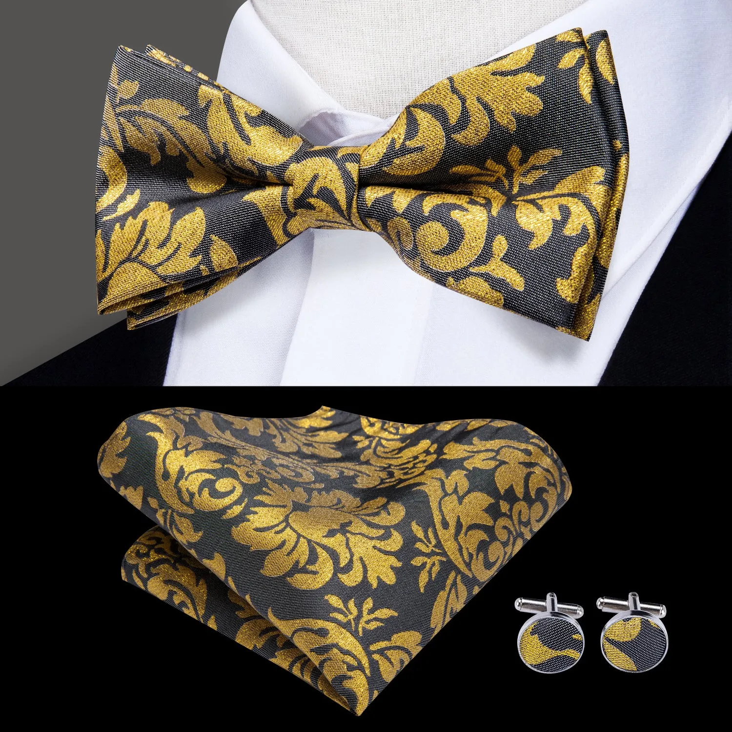 Hi-Tie Black Gold Floral Pre-tied Mens Bow Tie Hanky Cufflinks Pin Set