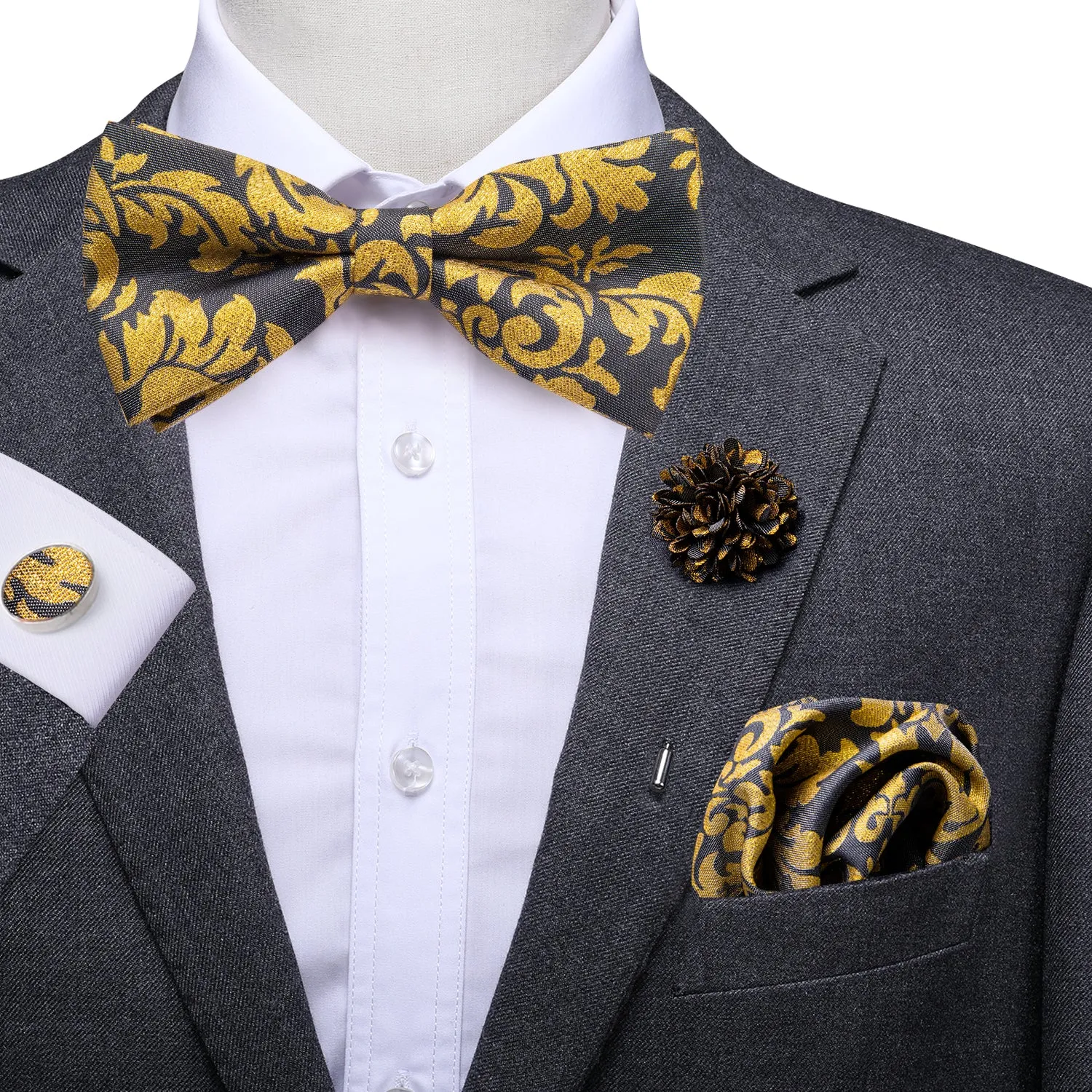 Hi-Tie Black Gold Floral Pre-tied Mens Bow Tie Hanky Cufflinks Pin Set