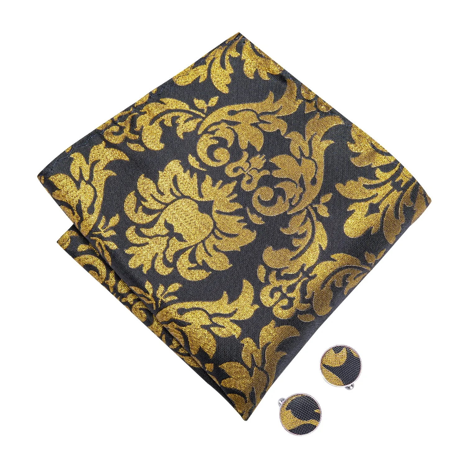 Hi-Tie Black Gold Floral Pre-tied Mens Bow Tie Hanky Cufflinks Pin Set
