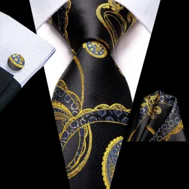 Hi-Tie Black Golden Blue Floral Necktie Pocket Square Cufflinks Set