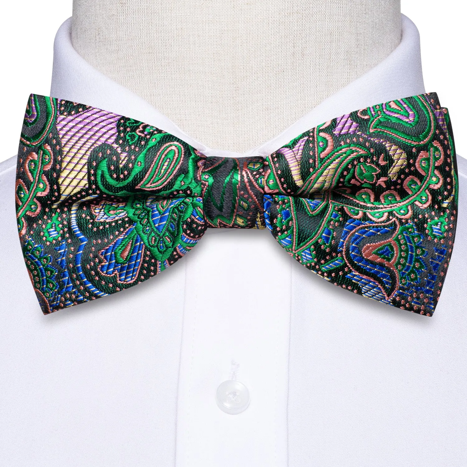 Hi-Tie Black Green Paisley Silk Pre-tied Bow Tie Hanky Cufflinks Set