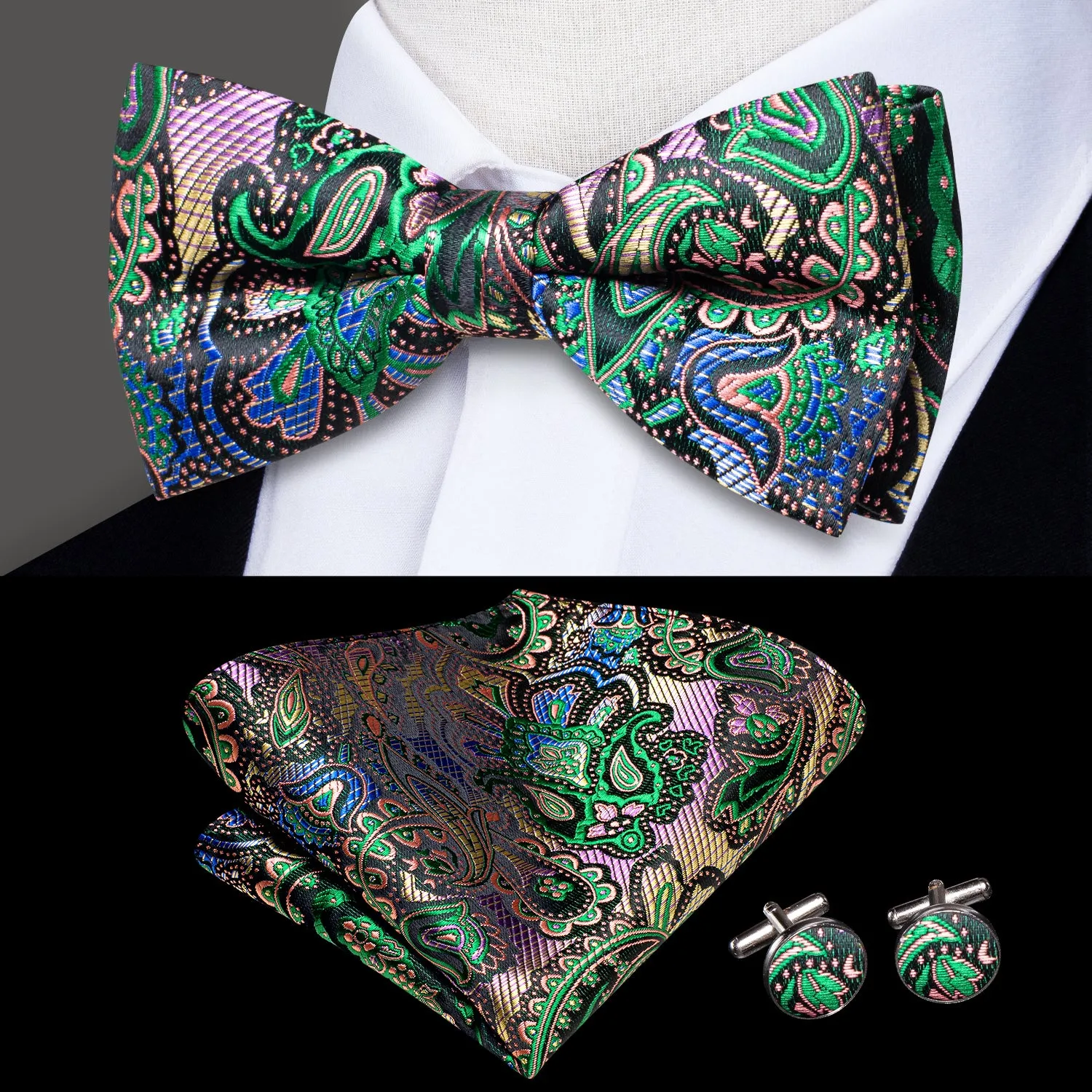 Hi-Tie Black Green Paisley Silk Pre-tied Bow Tie Hanky Cufflinks Set