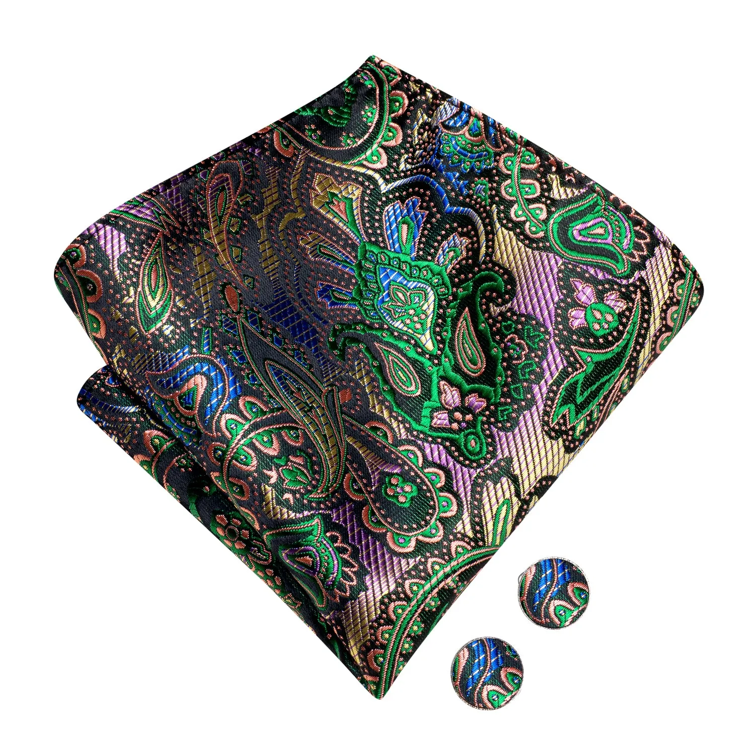 Hi-Tie Black Green Paisley Silk Pre-tied Bow Tie Hanky Cufflinks Set