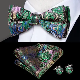 Hi-Tie Black Green Paisley Silk Pre-tied Bow Tie Hanky Cufflinks Set