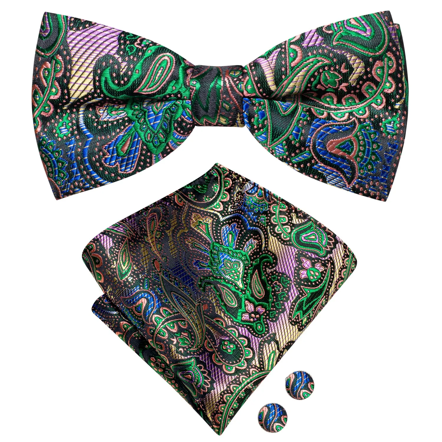 Hi-Tie Black Green Paisley Silk Pre-tied Bow Tie Hanky Cufflinks Set