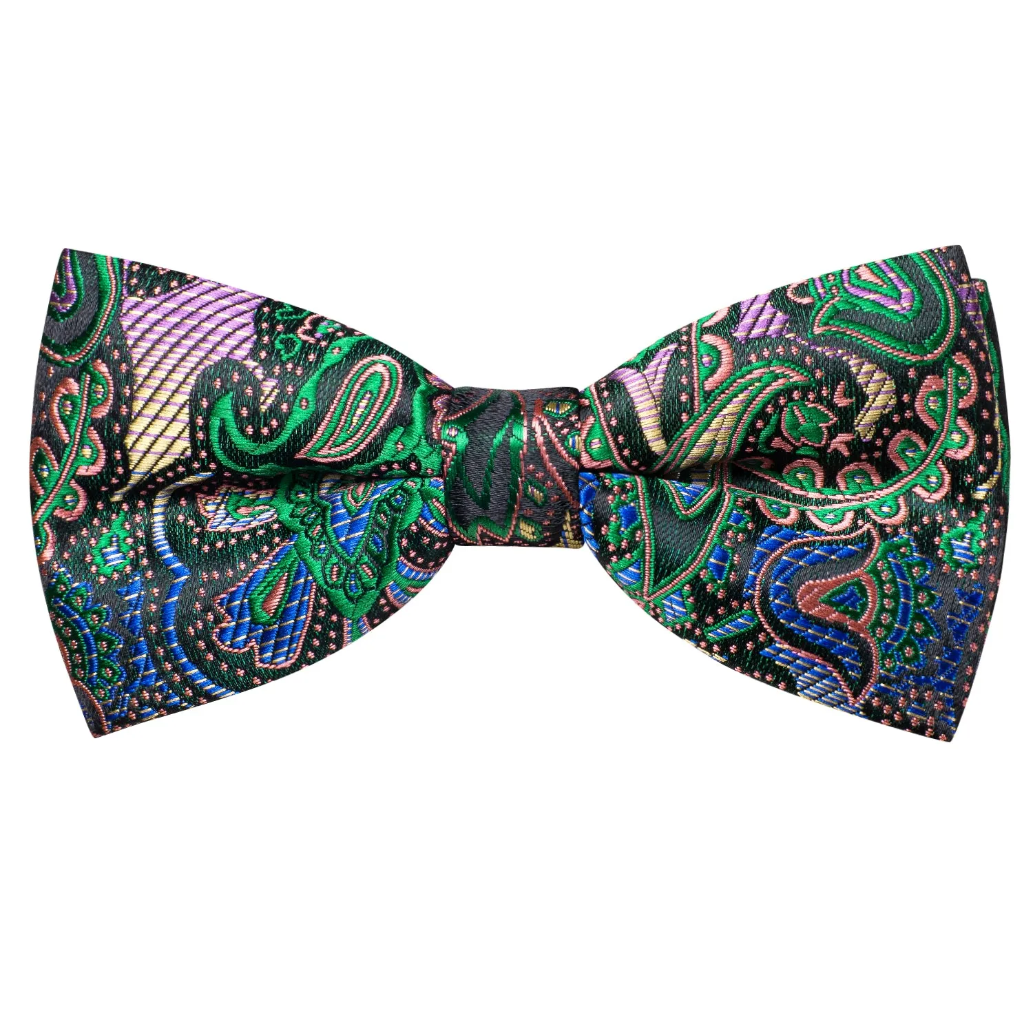 Hi-Tie Black Green Paisley Silk Pre-tied Bow Tie Hanky Cufflinks Set