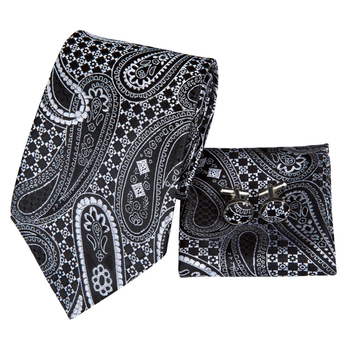 Hi-Tie Black White Paisley Necktie Pocket Square Cufflinks Set
