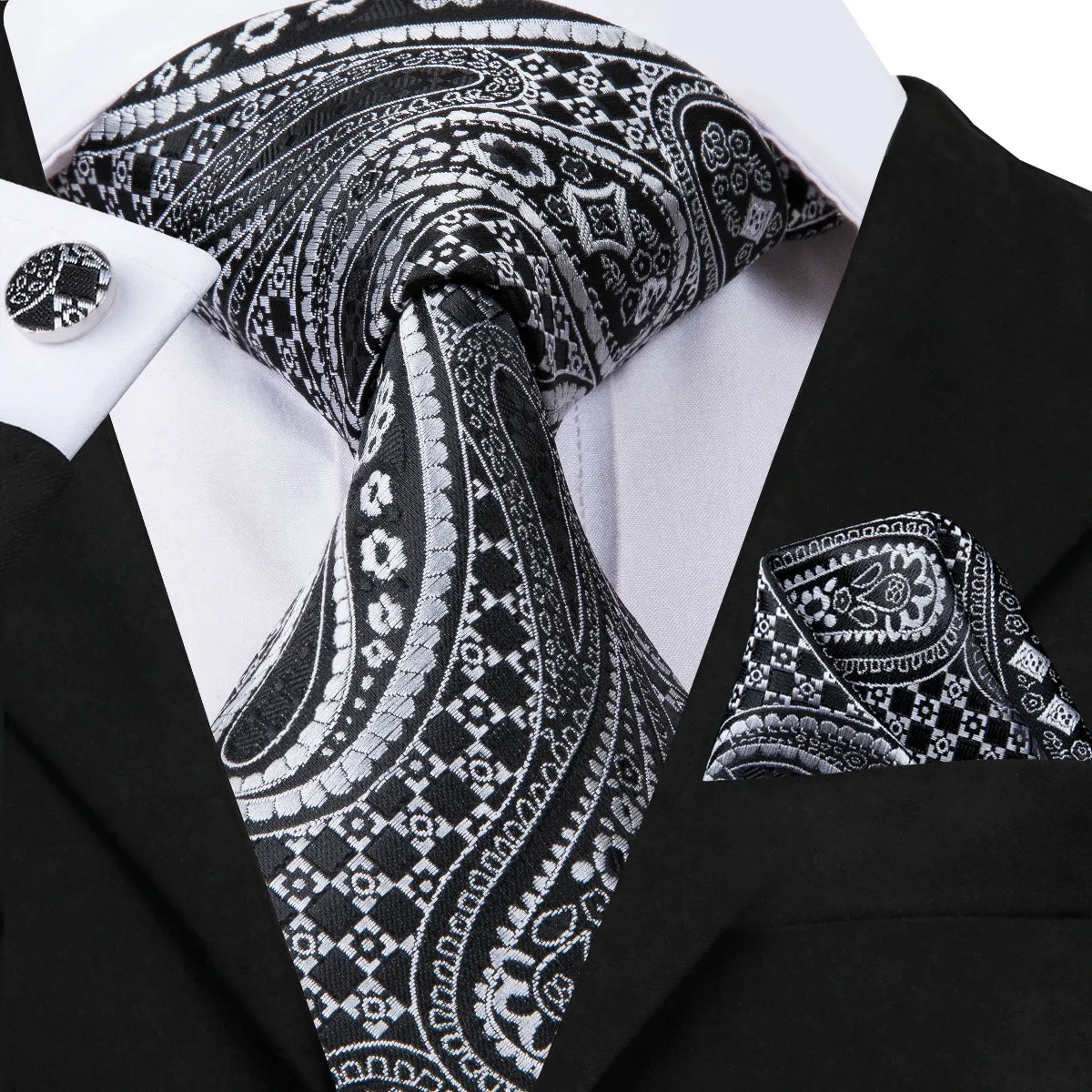 Hi-Tie Black White Paisley Necktie Pocket Square Cufflinks Set