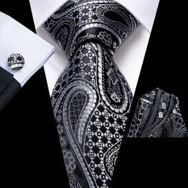 Hi-Tie Black White Paisley Necktie Pocket Square Cufflinks Set