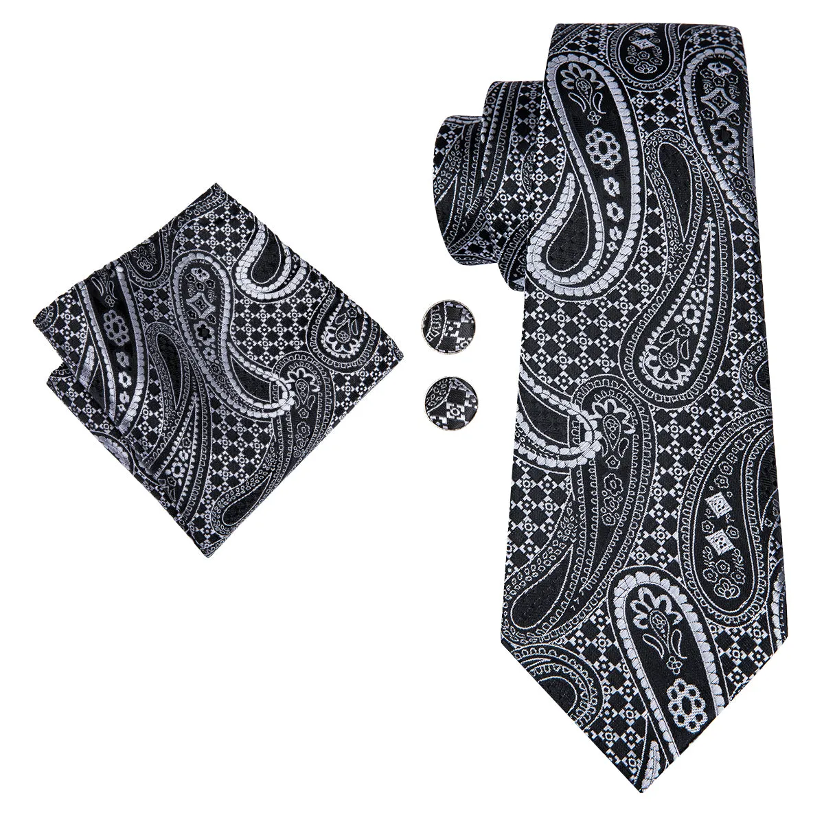 Hi-Tie Black White Paisley Necktie Pocket Square Cufflinks Set