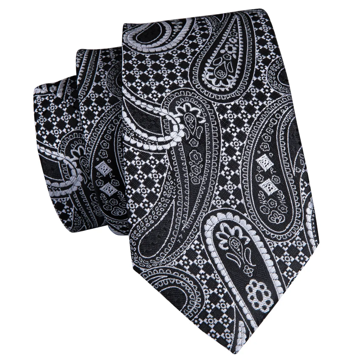Hi-Tie Black White Paisley Necktie Pocket Square Cufflinks Set
