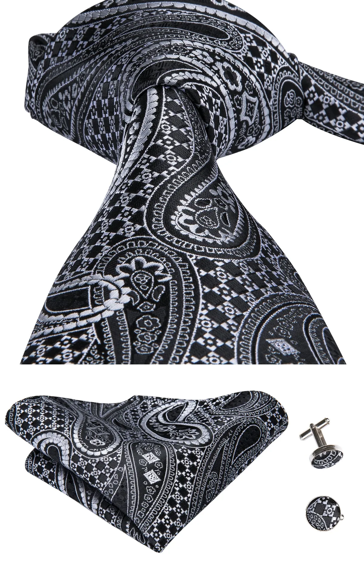Hi-Tie Black White Paisley Necktie Pocket Square Cufflinks Set