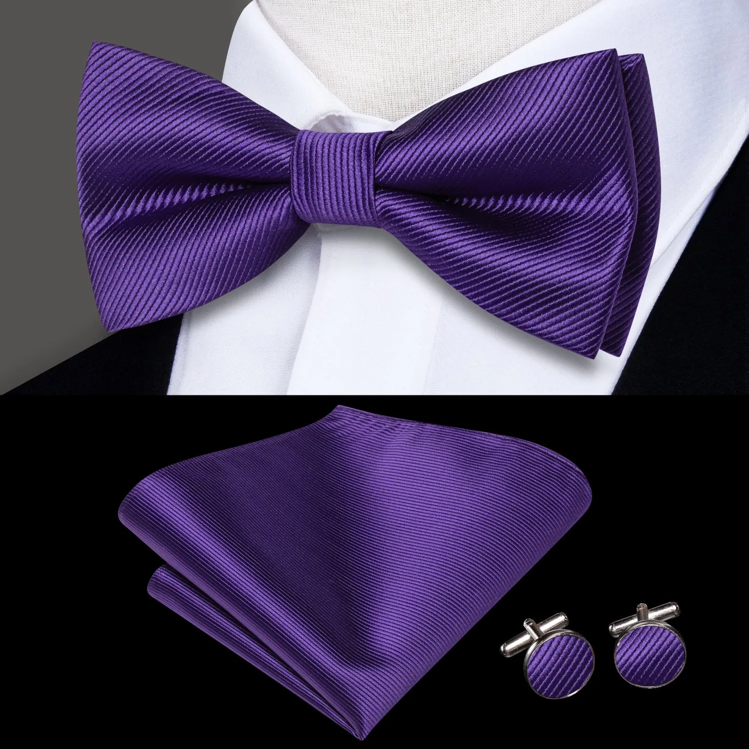 Hi-Tie Cadbury Purple Striped Pre-tied Bow Tie Hanky Cufflinks Set