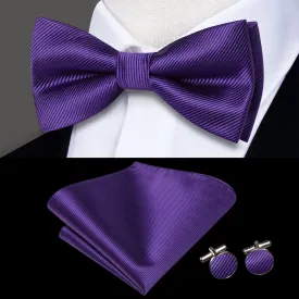 Hi-Tie Cadbury Purple Striped Pre-tied Bow Tie Hanky Cufflinks Set