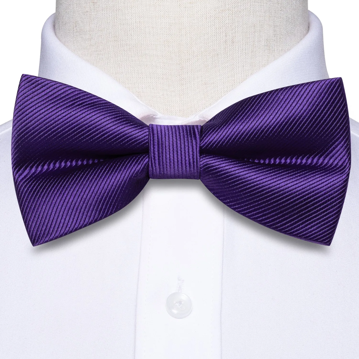 Hi-Tie Cadbury Purple Striped Pre-tied Bow Tie Hanky Cufflinks Set
