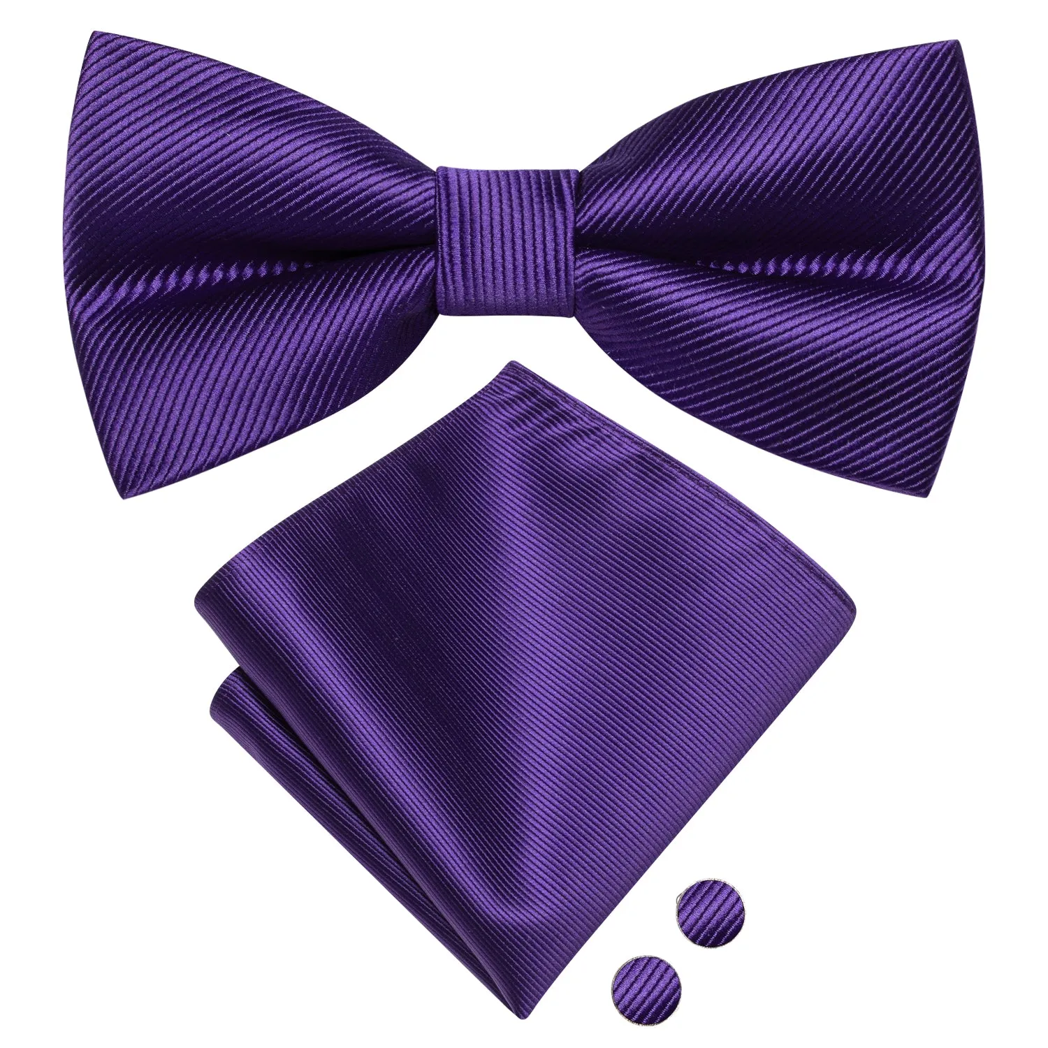 Hi-Tie Cadbury Purple Striped Pre-tied Bow Tie Hanky Cufflinks Set