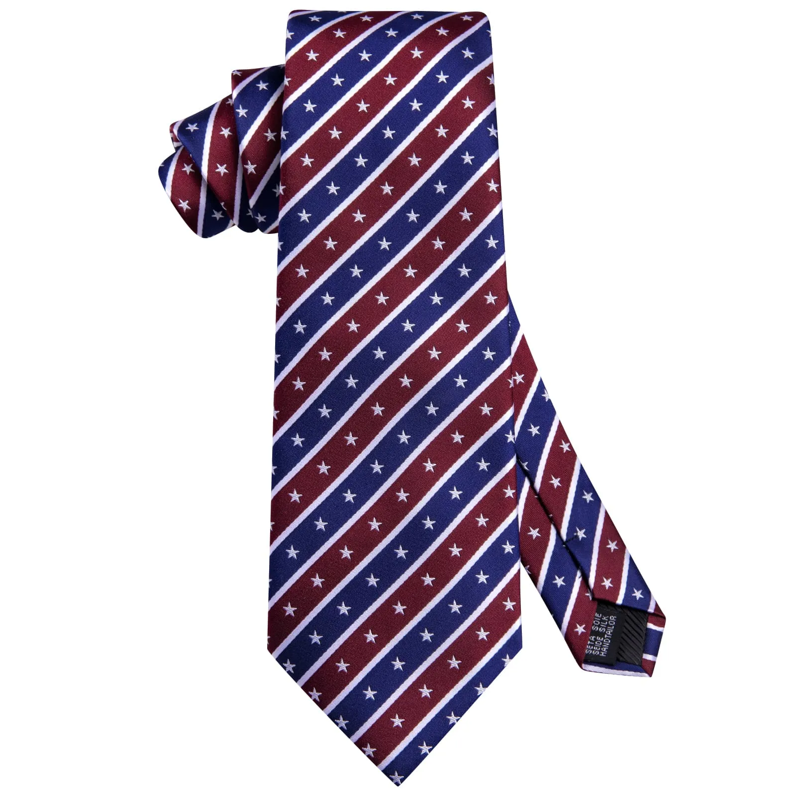 Hi-Tie Dark Blue Wine Red Tie White Stars Stripes Novelty Men Tie Set