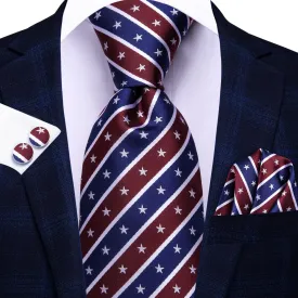 Hi-Tie Dark Blue Wine Red Tie White Stars Stripes Novelty Men Tie Set