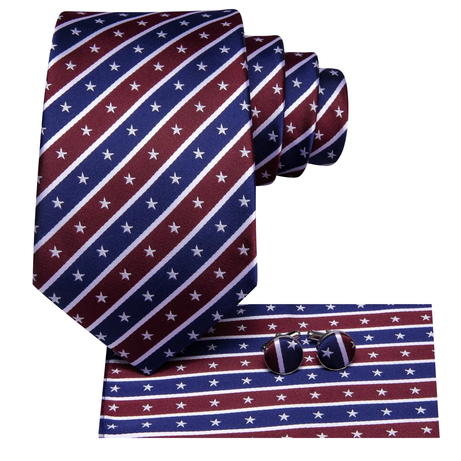 Hi-Tie Dark Blue Wine Red Tie White Stars Stripes Novelty Men Tie Set