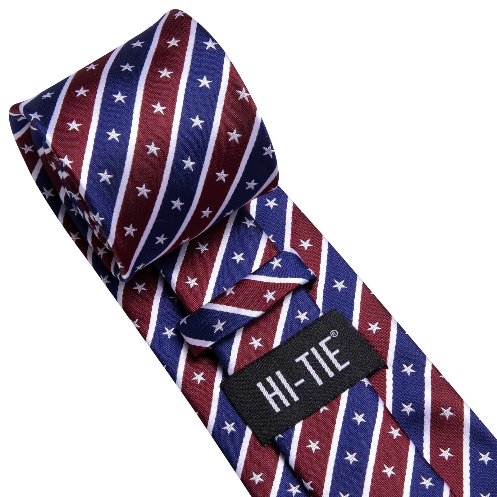 Hi-Tie Dark Blue Wine Red Tie White Stars Stripes Novelty Men Tie Set