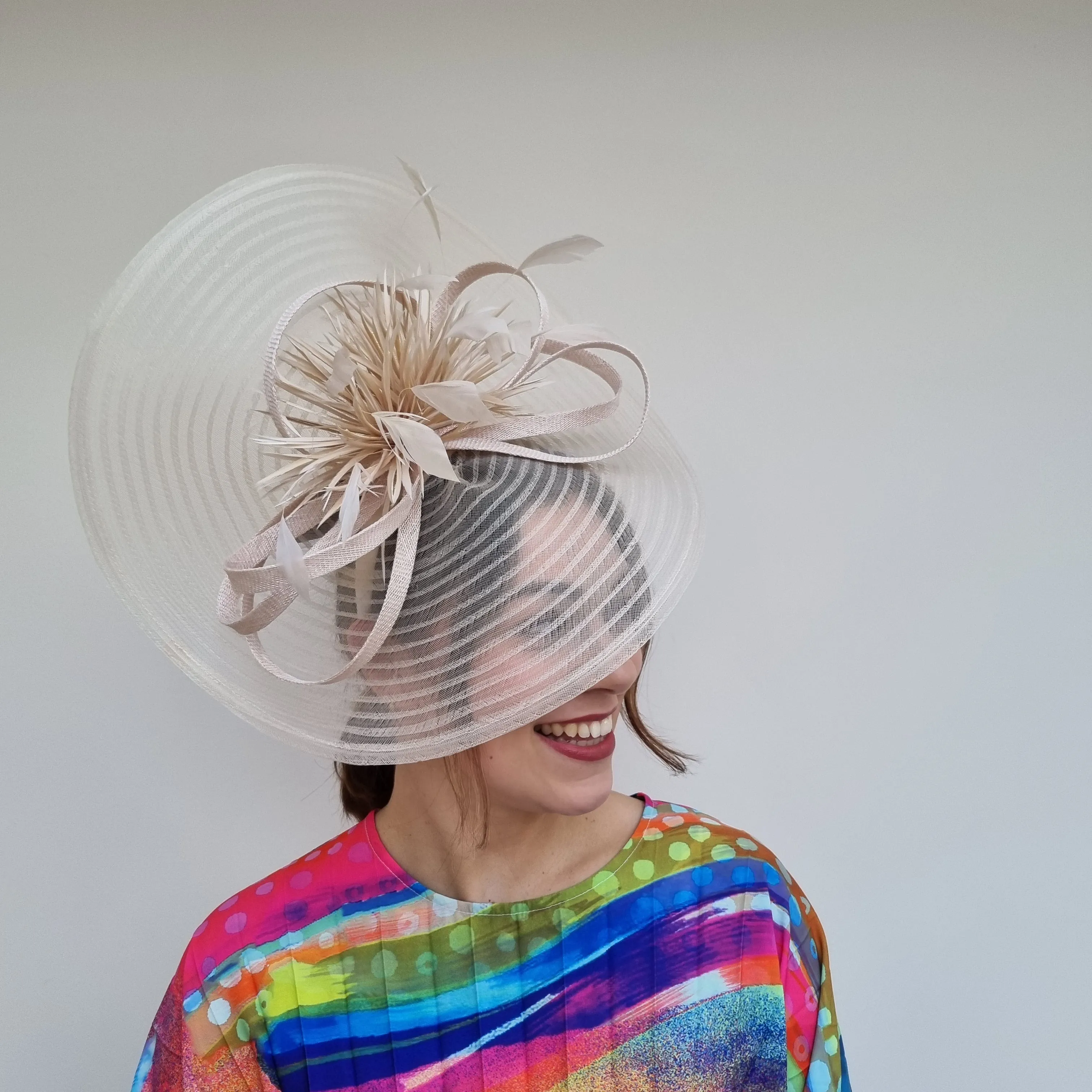 JBees JB24/15 Large Patterned Crin Fascinator with Feathers in Neutrals