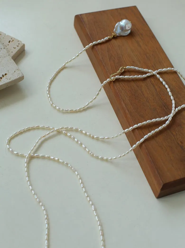 Long Baroque Pearl Pendant Necklace with Rice Pearls