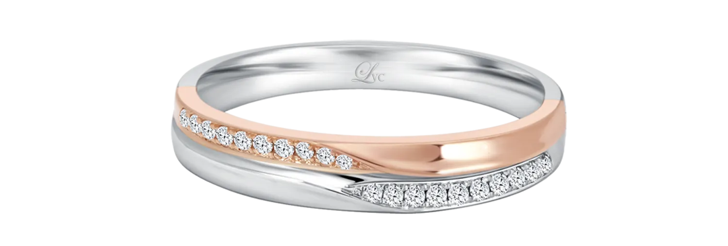 LVC Desirio Wedding Band in White Gold with Rose Gold Band Inlay with Diamonds