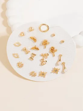 Mixed Shapes Stud Earrings Set - Gold
