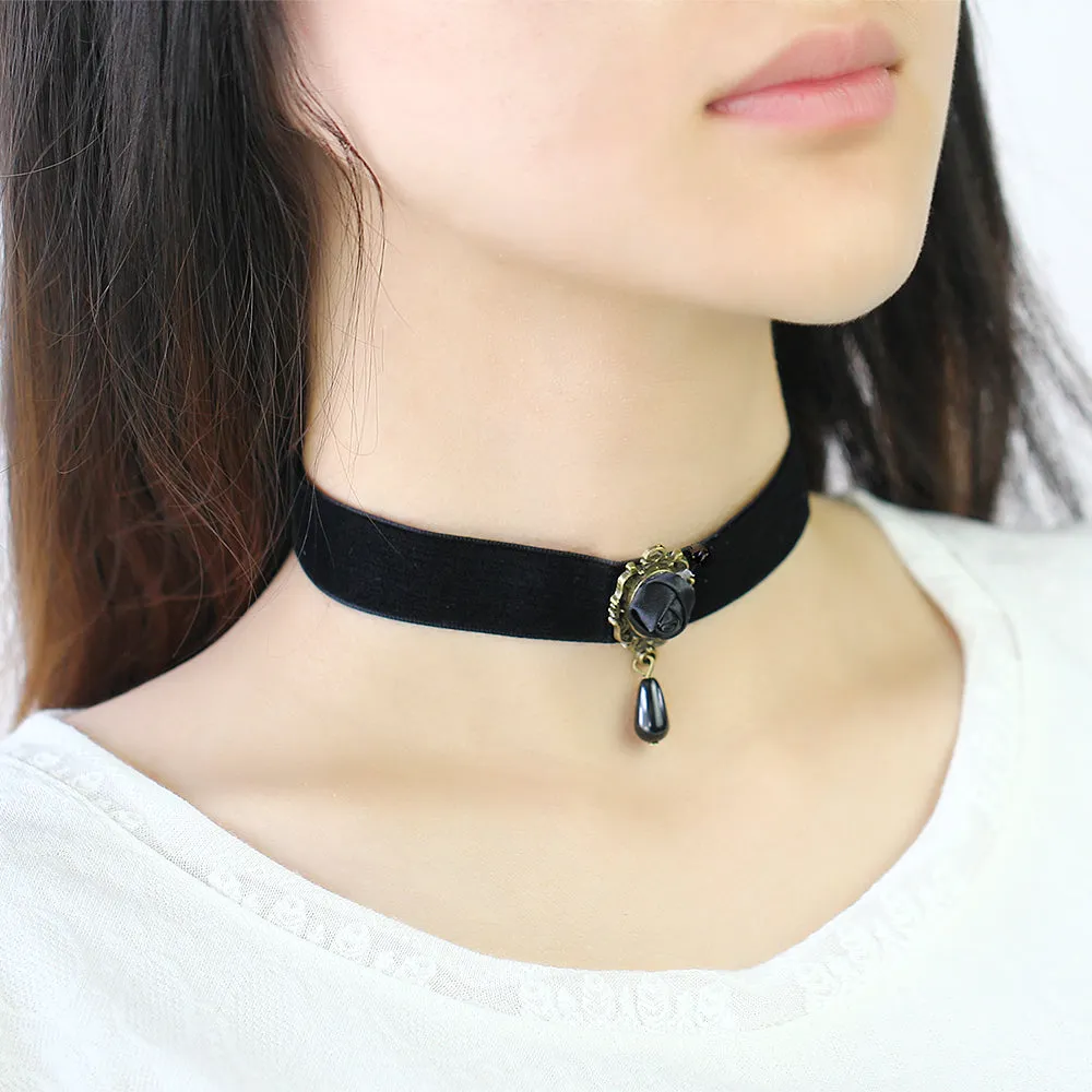 Royal Black Lace Rose Beaded Choker