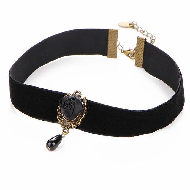 Royal Black Lace Rose Beaded Choker
