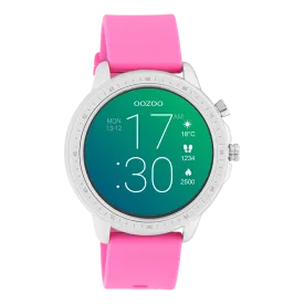 Silver coloured OOZOO smartwatch with raspberry pink rubber strap - Q00314