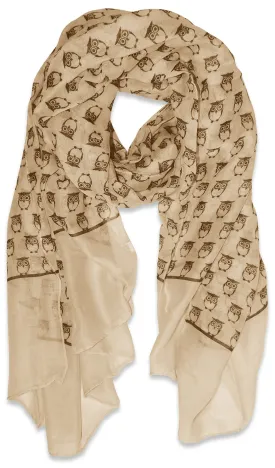 Tan Peach Couture Summer Lightweight Soft Animal Bird Owl Printed Sheer Scarf Shawl