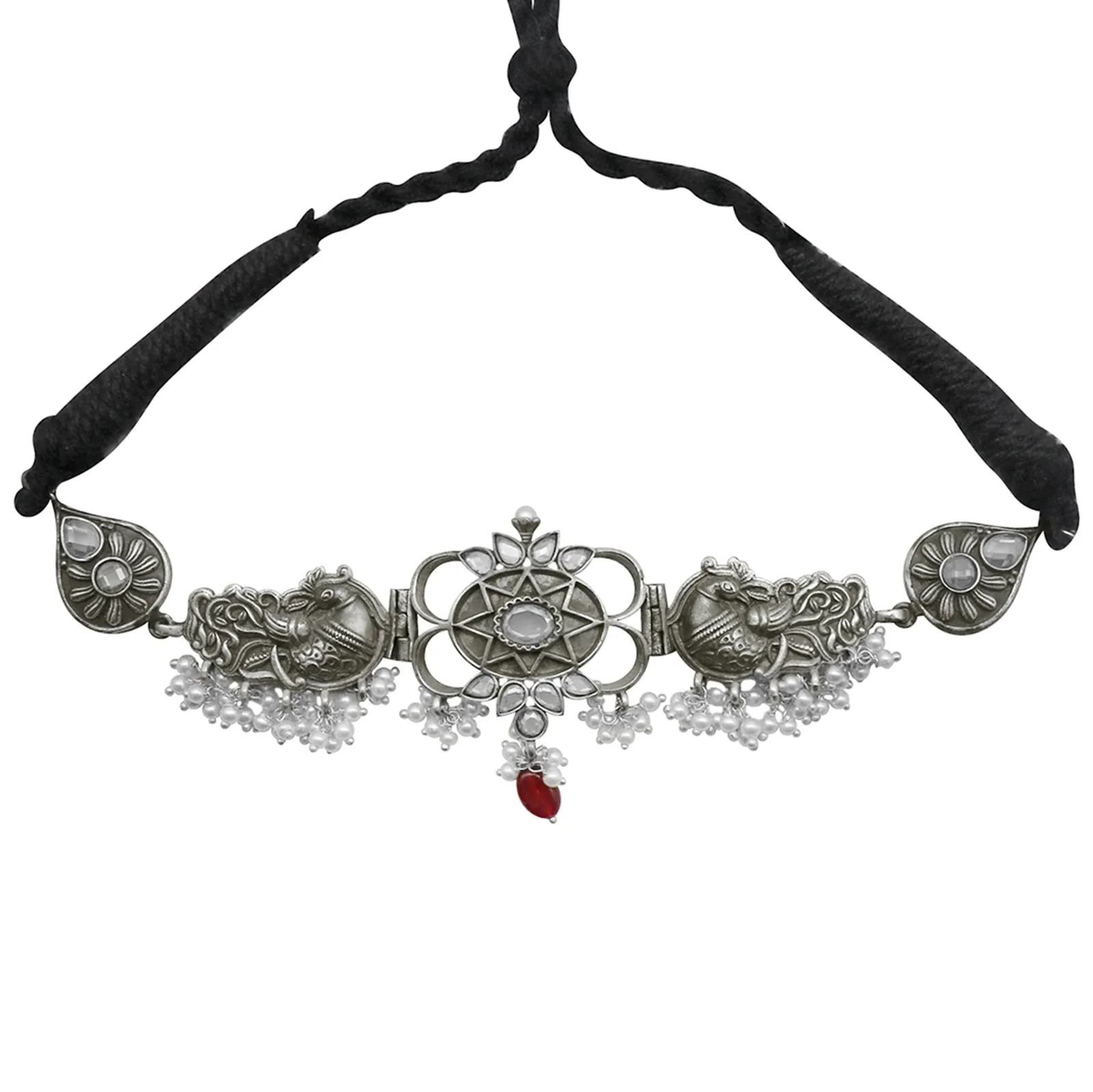 Teejh Dancing Dual Peacock White Silver Oxidized Choker Necklace