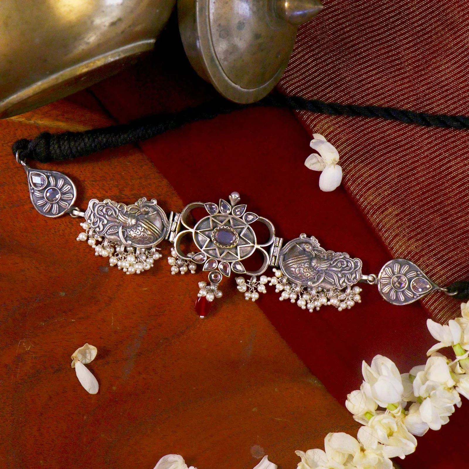 Teejh Dancing Dual Peacock White Silver Oxidized Choker Necklace