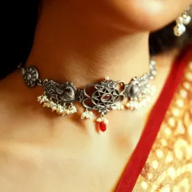 Teejh Dancing Dual Peacock White Silver Oxidized Choker Necklace
