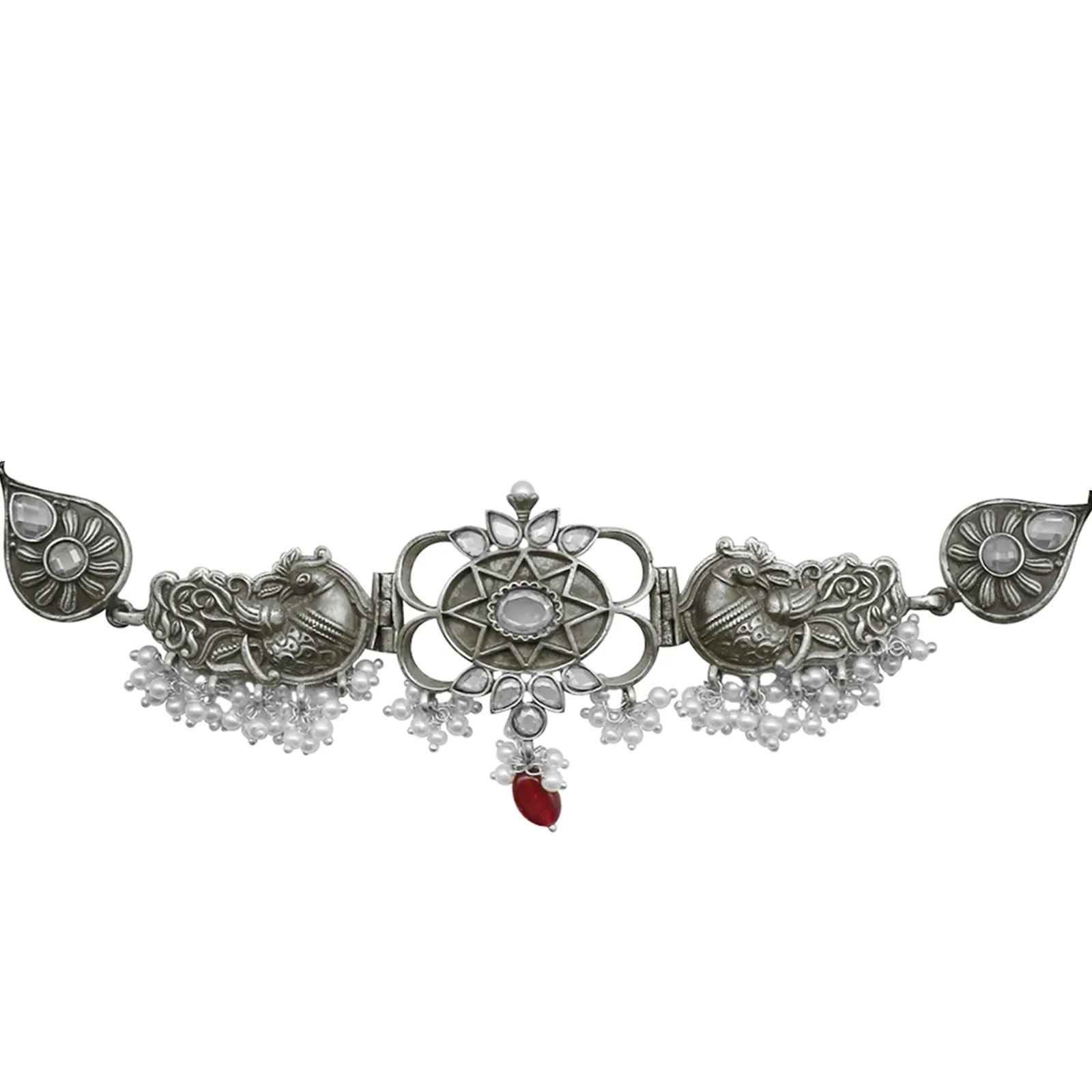 Teejh Dancing Dual Peacock White Silver Oxidized Choker Necklace