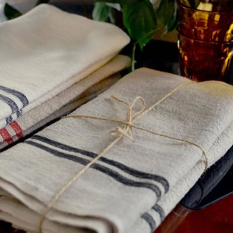 Vintage Linen Napkins Natural & Black, Set of 4